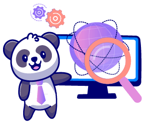 Panda with a necktie, huge computer screen and magnifying glass on background