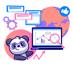 Panda with glasses shows graphs on a screen