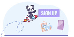 Panda riding a rocket, with a "SIGN UP" button and playing cards in the background.