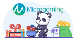 Panda pushing a mine cart filled with poker chips, between gift boxes labeled "BONUS," and a money bag and a smartphone with a credit card in the background, with the Microgaming logo behind.