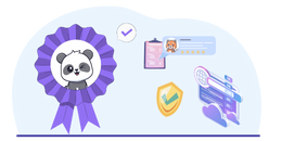 Panda in a purple ribbon, with symbols representing trust, security, and online payments nearby, with a red panda.