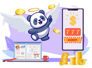 Cartoon Panda jumping on the air next to a mobile phone and gold coins