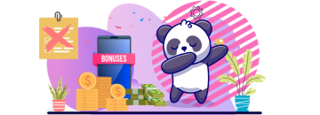 Panda with coins, cash and a mobile phone