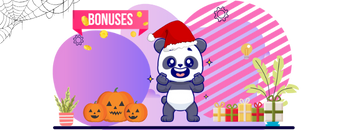 Panda with an excited face, gift boxes, pumpkins and a spider web