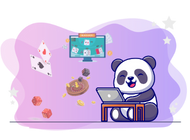 Panda sitting at a table with a laptop, surrounded by playing cards, dice, roulette, and a computer screen showing a casino game.