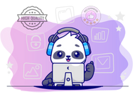 Panda wearing headphones and sitting at a laptop, giving a thumbs-up. Symbols representing quality, security, and positive feedback surround the panda.