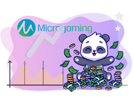Panda sitting in a pile of money, with money raining down from the sky. The Microgaming logo and a graph are in the background.