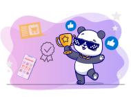 Panda mascot wearing sunglasses and holding a trophy, with symbols of thumbs-ups, a smartphone, and a shopping cart representing success and positive feedback nearby.