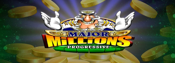 The logo for a progressive slot game called "Major Millions Progressive." The logo features a cartoon character wearing a captain's hat and uniform, with gold coins raining down around him.