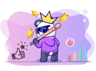 Panda in a hoodie wearing sunglasses and a crown, holding a baseball bat. There is a graph showing upward growth and a thumbs-up in the background.