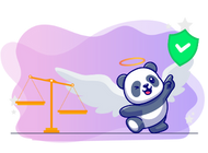 Panda mascot with angel wings and a halo, pointing to a shield with a checkmark. A scale of justice is visible beside.