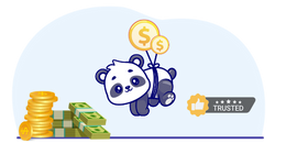 Panda floating with dollar sign balloons, next to stacks of gold coins and dollar bills. The word "TRUSTED" is displayed right below.